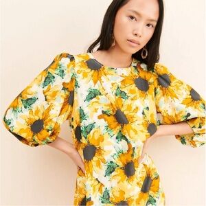 Anthropologie Just Female Smooth Sunflower Puff Sleeve Floral Midi Dress
